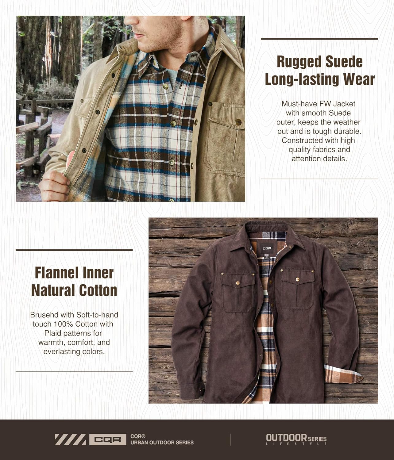 CQR Men's Flannel Long Sleeved Rugged Plaid Cotton Brushed Suede Shirt Jacket: Clothing