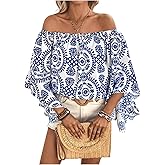 Floerns Women's Boho Off Shoulder 3/4 Bell Sleeve Summer Blouse Top