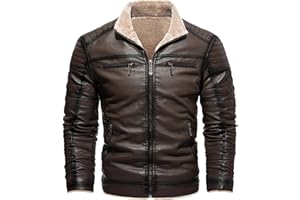 Jackets for Men Winter Men's Faux Leather Motorcycle Bomber Jacket Sherpa Lined Stand Collar