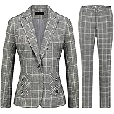 MODFUL Women's 2 Piece Business Plaid Suit Set Office One Button Slim Fit Blazer with Pant(01 Pink,X-Small)