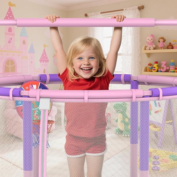 LANGXUN 60″ TRAMPOLINE FOR KIDS, 5FT TODDLER MINI 6-IN-1 TRAMPOLINE INDOOR OUTDOOR WITH SWING, BASKETBALL HOOP, DART BOARD, RINGS, CHRISTMAS TOYS BIRTHDAY GIFTS FOR GIRLS BOYS
