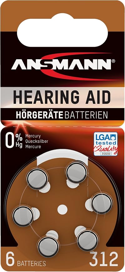 Ansmann ZA312 6 Pack Hearing Aid Batteries Size 312 Brown 1.45V Zinc Air