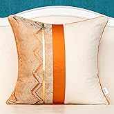 Alerfa 18 x 18 Inch Orange White Geometric Striped Gold Leather Patchwork Velvet Cushion Case Luxury Modern Lumbar Throw Pillow Cover Decorative Pillow for Couch Sofa Living Room Bedroom Car