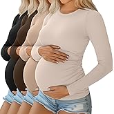 Ficerd 4 Pack Women's Maternity Shirts Cotton Long Sleeve Ribbed Crew Neck Pregnancy Tops Side Ruched Casual Mama Clothes