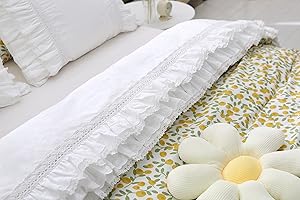 MEANING4 White Luxury Elegant Lace Bed Flat Sheet with Ruffles Bed Top Sheet Queen Size 100% Cotton 1 Piece
