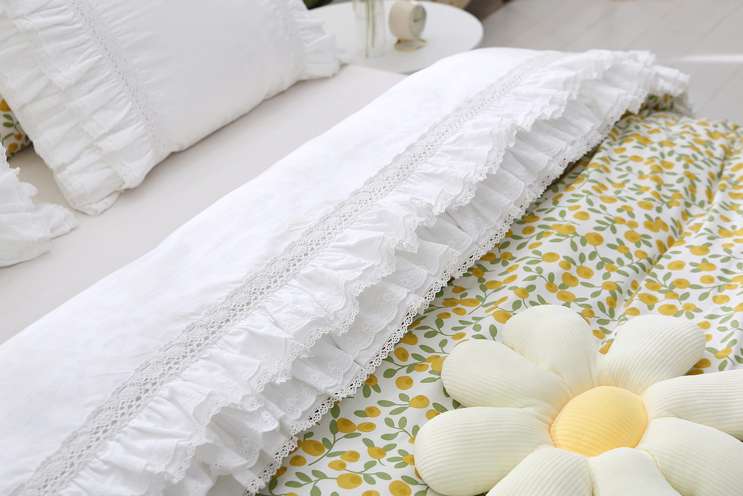 Photo 1 of White Luxury Elegant Lace Bed Flat Sheet with Ruffles Bed Top Sheet King or California King Size 100% Cotton 1 Piece
