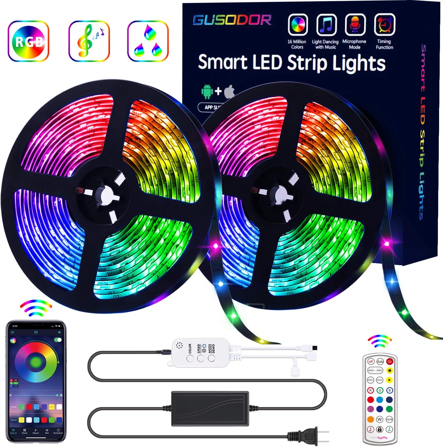 GUSODOR LED Strip Lights RGB Strips 32.8ft Tape Light 300