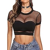 Avidlove Fishnet Crop Top for Women Y2K Short Sleeve See Through Shirt O Neck Pullover Blouse