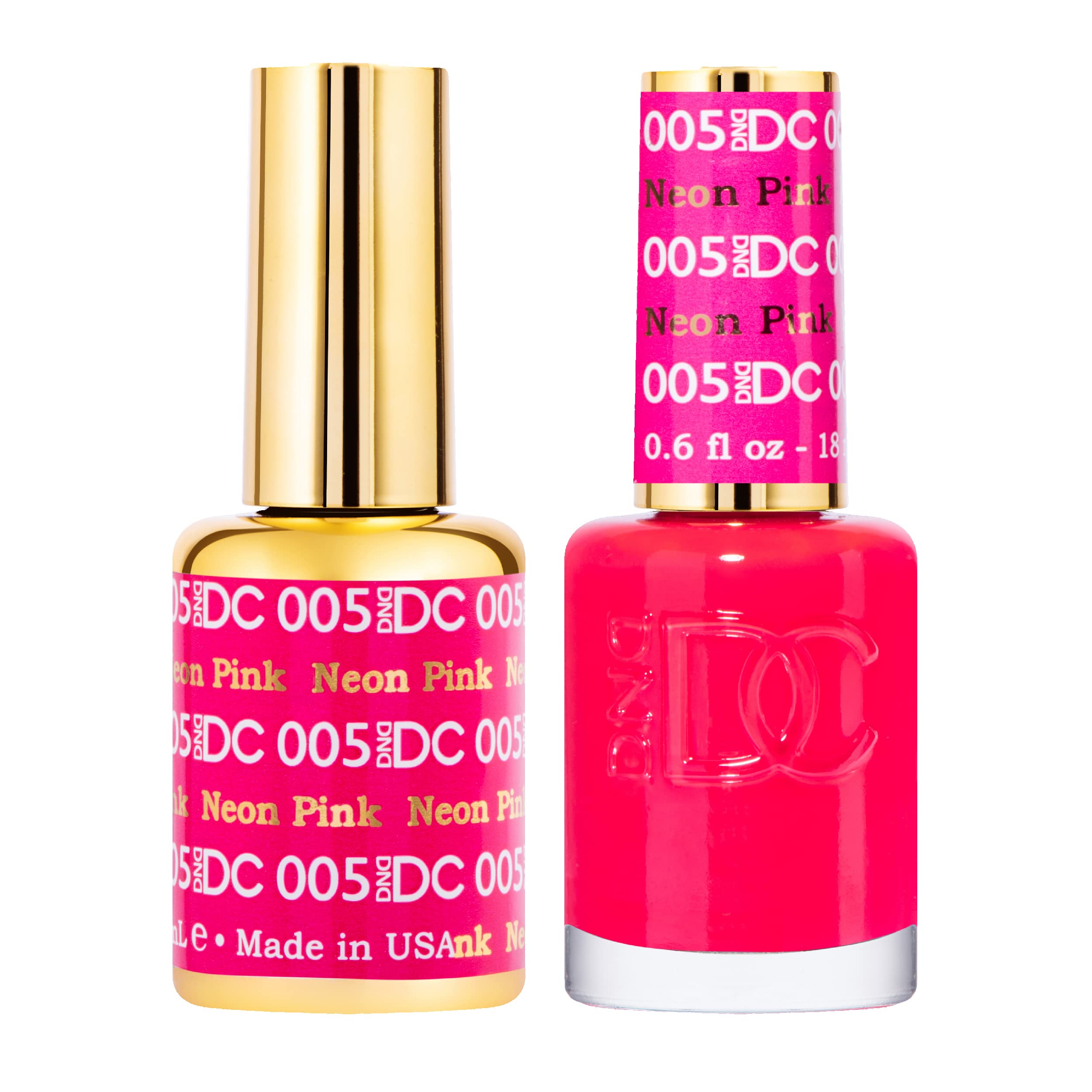 DND DC Gel Polish Set, Pink Collection, UV/LED Gel Polish and Air Dry Nail Lacquer, Matching Chip-Free Polish Duo, 005 Neon Pink, 0.5 Fl Oz