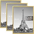upsimples 12x16 Picture Frame Gold 3 Pack, Scratch-Proof Poster Frames 12 x 16 for Photo Gallery - Slide-In Strips, Horizontal or Vertical Wall Mounting