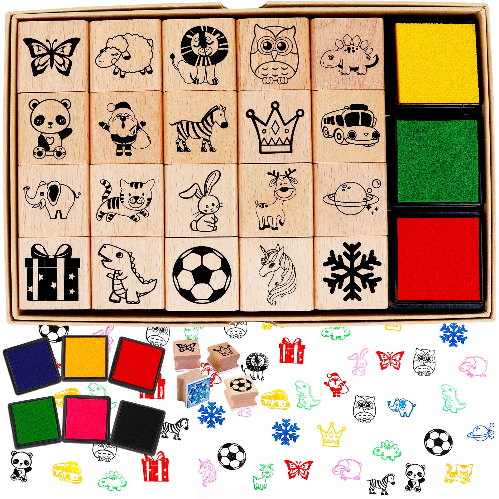HOWAF 26pcs Wooden Stamps for Kids Crafting with Ink Pad, Animal Santa Unicorn Dinosaur Football Snowflake Stamps for Children DIY Scrapbooks Card Making Printing Craft Gift Wrapping Paper Supplies