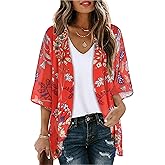 Women's Floral Print Puff Sleeve Kimono Cardigan Loose Cover Up Casual Blouse Tops