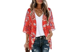 CHICGAL Women's Floral Print Puff Sleeve Kimono Cardigan Loose Cover Up Casual Blouse Tops