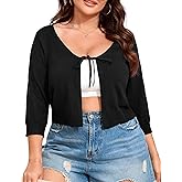 ShopWonder Women's V-Neck Tie Front Shrug 3/4 Sleeve Rib-Knit Cardigan Sweater Crop Top