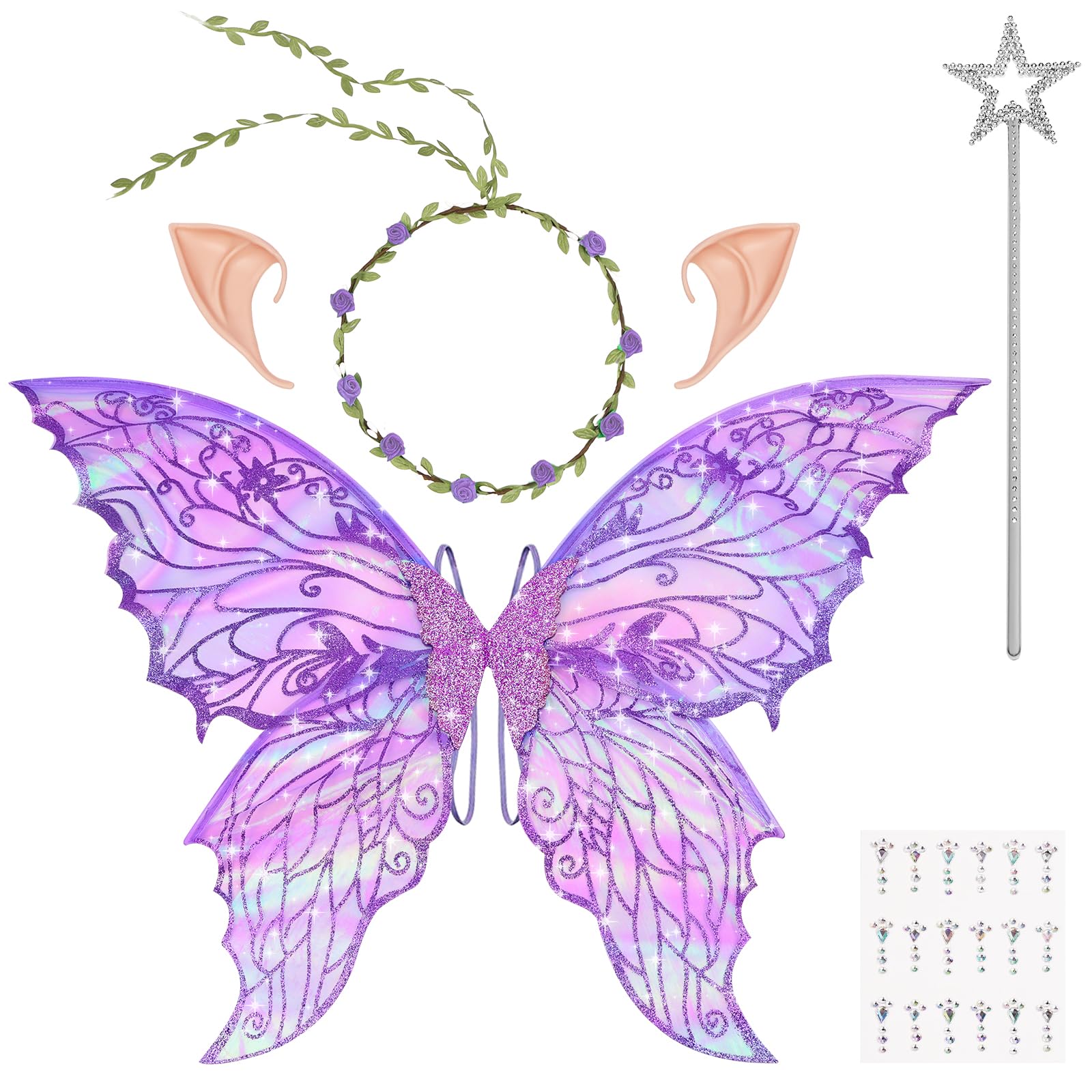 DiULi Fairy Wings, Kids Butterfly Wings Cape Fairy Angel Princess Costume Fairies Wing Set With Wands Crown Ears Fairies Flower Headband Diamond Sticker for Halloween Birthday Chrismas Part(Purple)