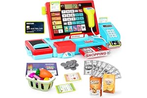 maysida 52PCS Toy Cash Register for Kids with Sound Music/Scanner/Microphone/Credit Card/Play Money, Pretend Learning Toy Kids Cash Register, Christmas Birthday Gift for Toddlers Girl Boy Age 3 4 5 6