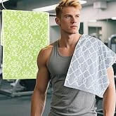 Workout Towels for Gym (2PC, 14"x31") - 100% Cotton, Breathable, Soft & Absorb - Sweat Towel for Men & Women, Sports Towel for Yoga, Tennis, Running, Exercise & Fitness, Green Damask+Gray Checkered