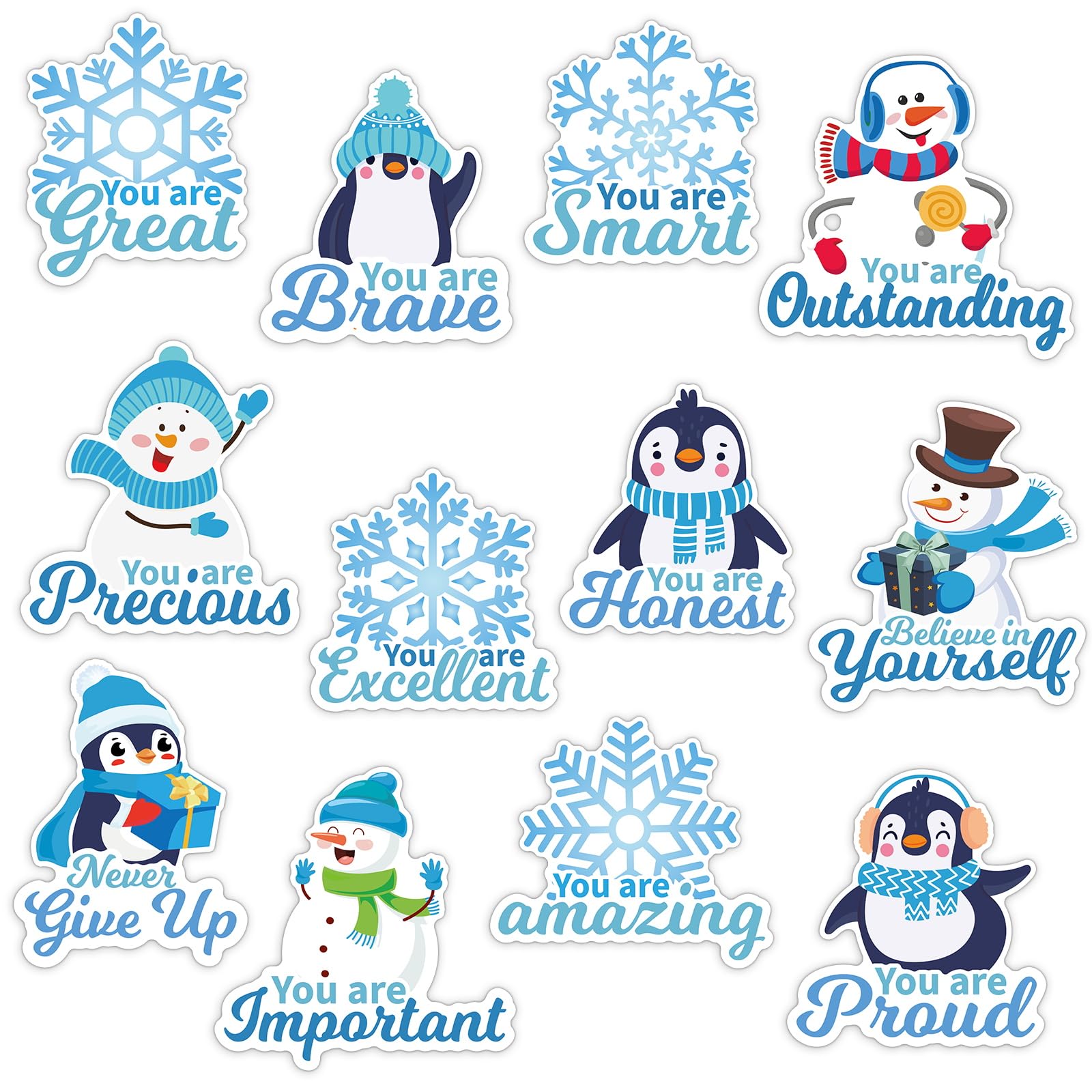 Photo 1 of 72PCS Winter Snowflake Bulletin Board for Classroom Decoration Winter Snowman Penguin Motivational Positive Sayings Cutouts Supplies Winter Christmas Snowflake Accents Cutouts for School Decoration