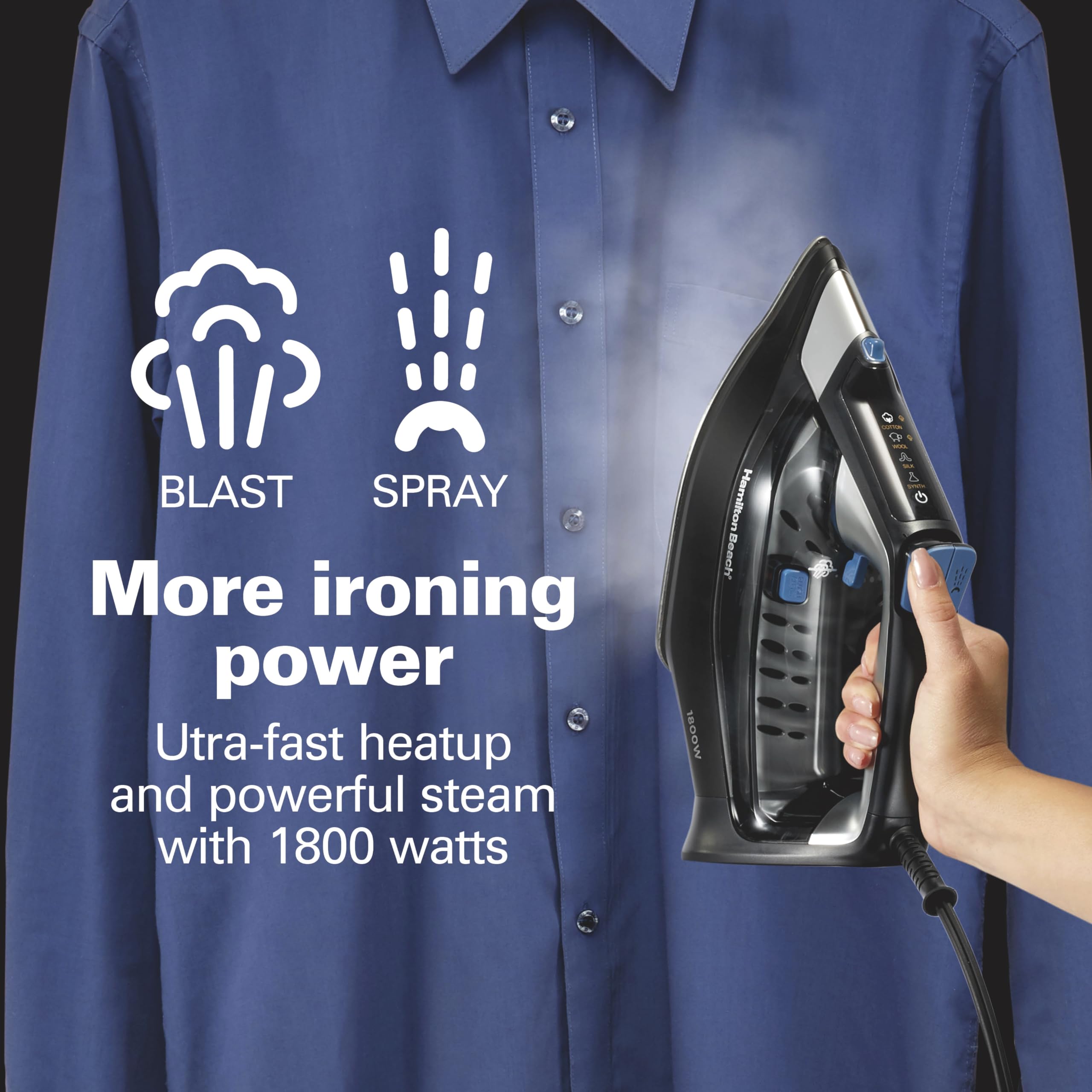 Hamilton Beach Steam Iron for Clothes & Garment Steamer with Intuitive FabricIQ Touchpad, Durable Stainless Steel Soleplate, 3-Way Auto Shutoff, 1800 Watts, 350ml Water Tank, 10' Cord, Black (14950)