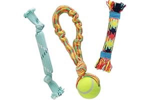 rocket & rex 3-Pack Dog Toy Set, Dog Rope Toys | Small to Medium Breeds | Stretchy Dog Toy Tug Rope, Tug of War Toy, Rubber and Crackle for Extra Chewing Fun | Dog Stocking Stuffer