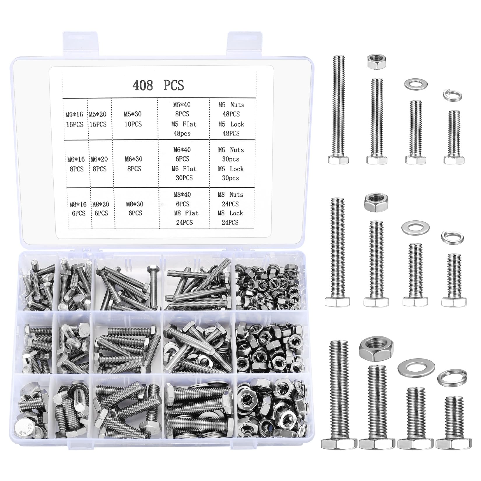 SZSLMY 408 Pcs Hex Bolts and Nuts Set, M5 M6 M8 Machine Bolts and Hex Nuts and Lock Washers and Flat Washers Assortment Kit, Stainless Steel Full Thread Bolts with Spring Washers — image 1
