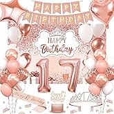 17th Birthday Decorations for Girls, 52pcs Sweet Rose Gold Happy 17 Birthday Decorations Including 17th Rose Gold Crown, Sash, Banner, Background for 17 Party Decorations Set