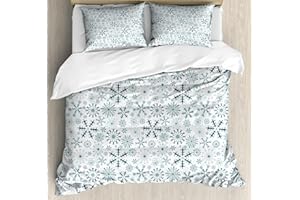 Ambesonne Winter Duvet Cover Set, Merry Xmas Theme Delicate Snowflakes Cold Freezing Weather Vintage Holiday Pattern, Decorative 3 Piece Bedding Set with 2 Pillow Shams, Queen Size, Teal White