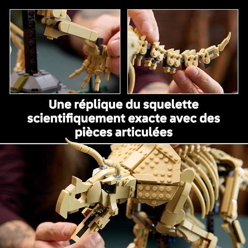 Jurassic World Les Fossiles de Dinosaure : Le Tricératops - Maquette pour Adulte - Minifigurine de Dr Gerry Harding - Décoration DIY pour Étagère - Cadeau pour Fan de Jurassic Park 77985