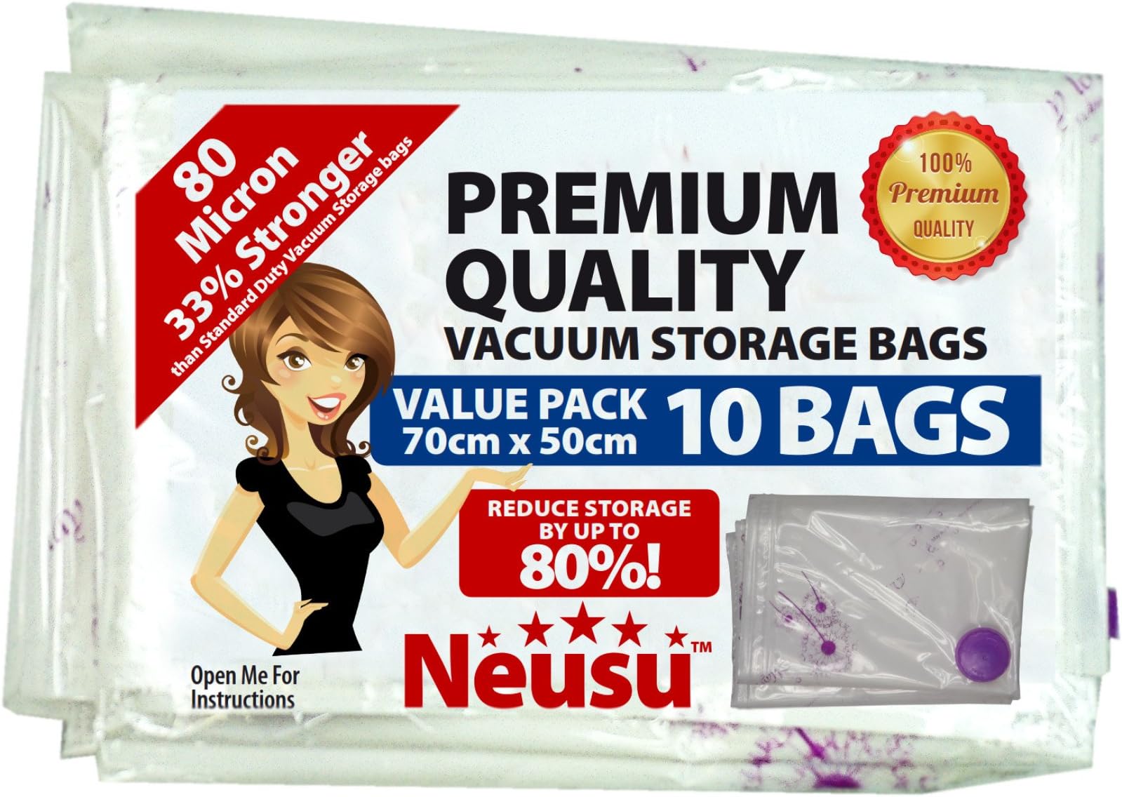 Neusu Vacuum Storage Bags, Premium 80 Microns, 10 Pack Medium 70x50cm