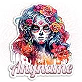 Custom Sugar Woman Skull Mexico Mexican Name Sticker Personalized Sugar Skull Stickers Vintage Waterproof Die-Cut Vinyl Laptop Sticker, Water Bottle Sticker, Funny Car Birthday Gifts for Her Him