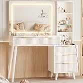 Vanity Desk with Mirror and Lights, Makeup Vanity Desk with Power Outlet, Makeup Desk with 5 Drawers&amp;Storage Shelves, Vanity Table 3 Color Modes Adjustable Brightness Dressing Table Set for Bedroom