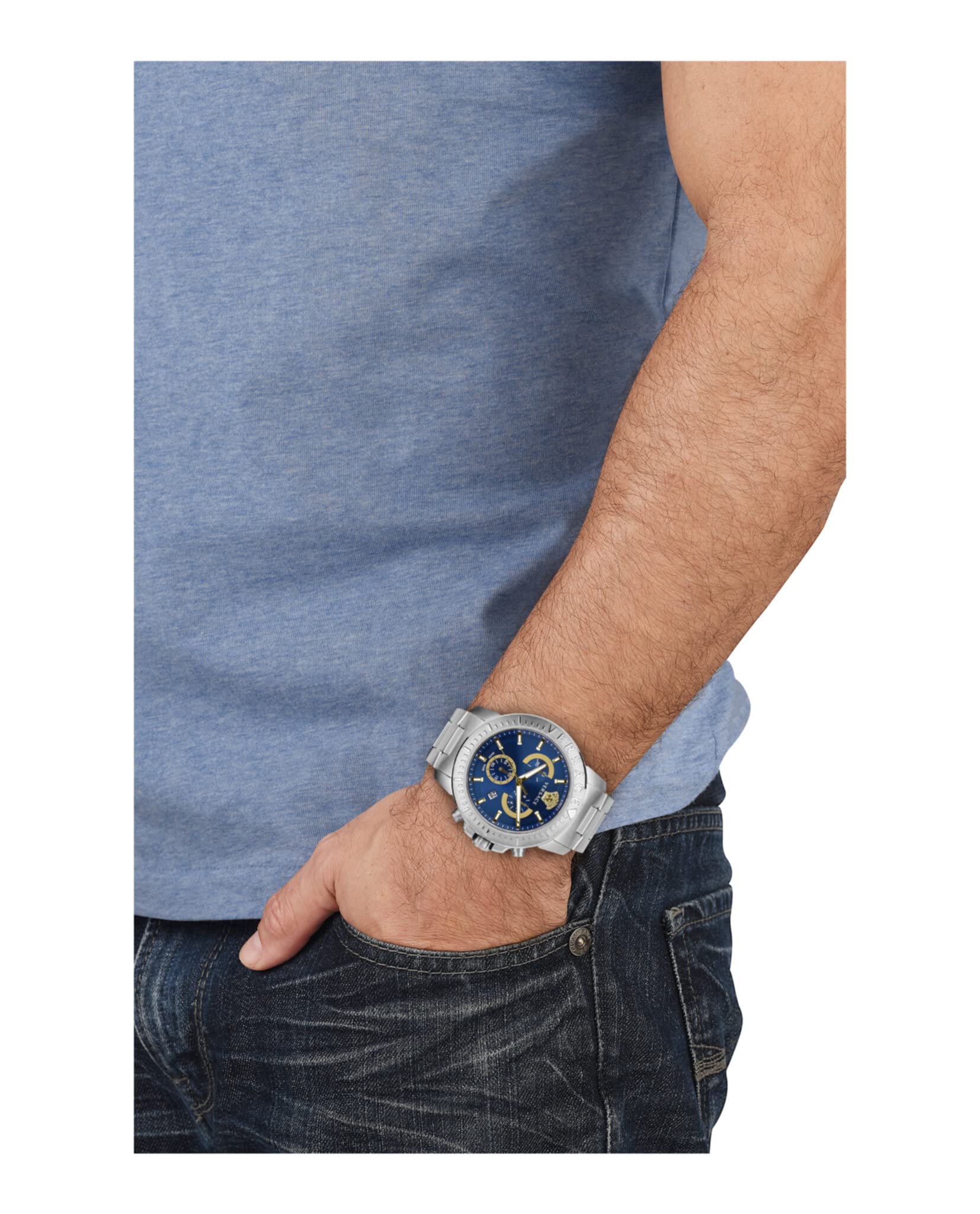 Versace New Chrono Collection Luxury Mens Watch Timepiece with a Silver Bracelet Featuring a Silver Case and Blue Dial