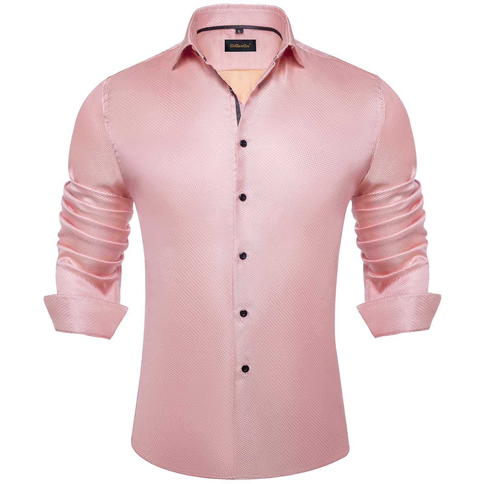 DiBanGu Mens Silk Paisley Dress Shirts,Long Sleeve Button Down Shirt Casual Regular Fit Shirt for Men Wedding Party, Blush Pink, Large Image