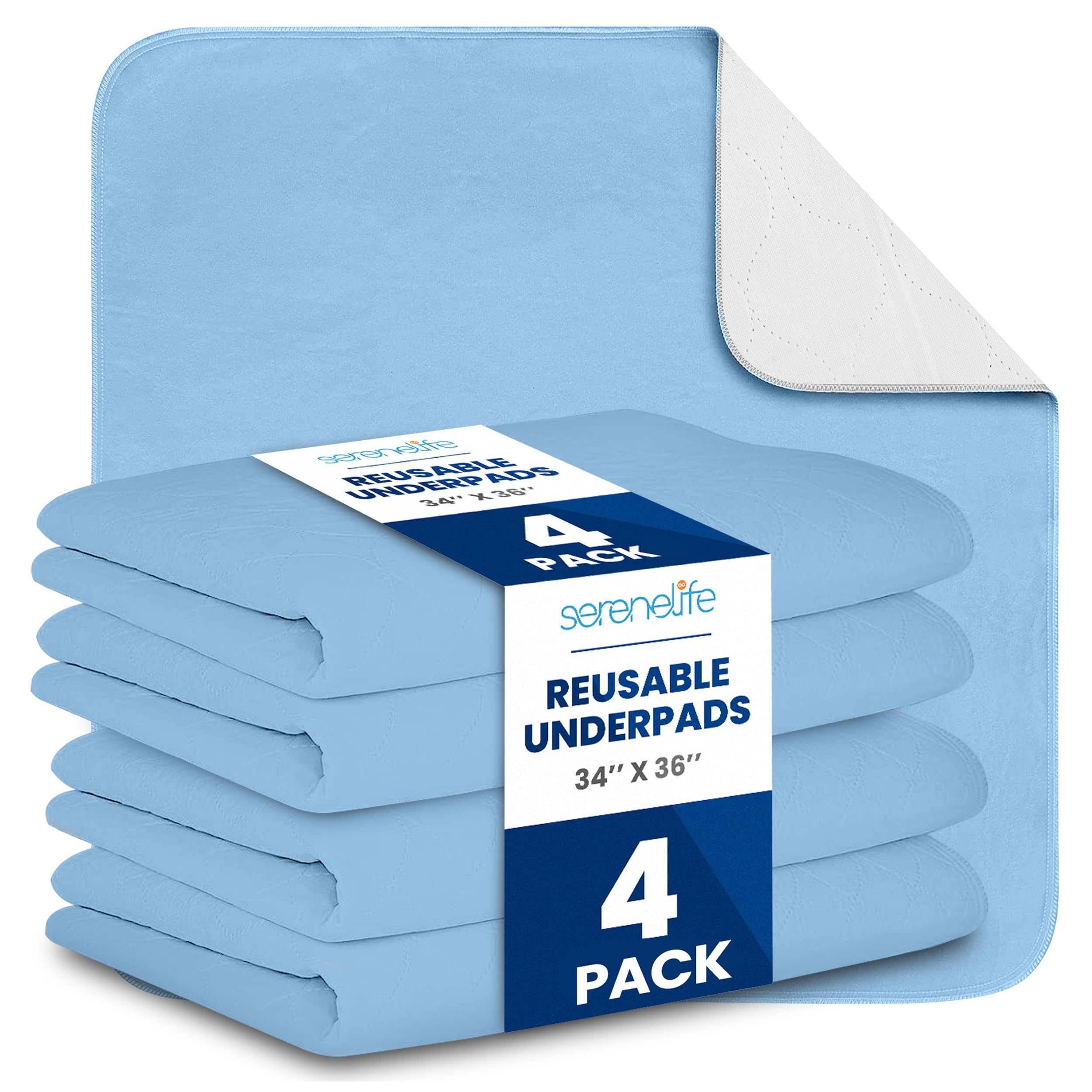 View 1 of Serenelife Reusable Underpads 4-Pack Blue Incontinence Bed Pads 34 x 36 IN - For Adults, Kids & Pets - Super Absorbent & Leak-Resistant - Soft Top Layer For All Skin Types - Washable & Reusable - Blue