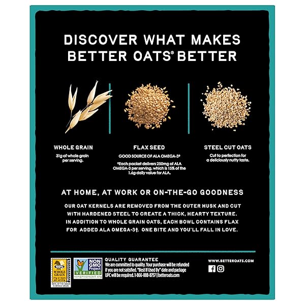 BETTER OATS STEEL CUT INSTANT OATMEAL PACKETS, ORIGINAL FLAVOR WITH FLAX SEEDS AND WHOLE GRAINS, QUICK-COOKING BREAKFAST, 11.6 OZ BOX OF 10 POUCHES (PACK OF 6)