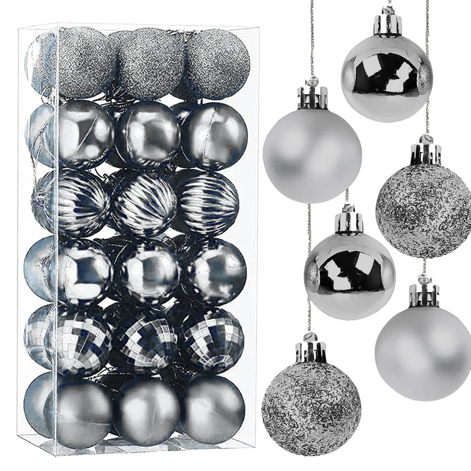 Taeku Christmas Ball Ornaments, 36Pcs 1.6" Seasonal Christmas Tree Decorations Festive Balls with Hooks for Xmas Halloween Home Decor (Silver)