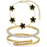 YOQ Stackable Four Leaf Clover Bracelets for Women, Tennis Bangle Bracelets Set for Women, 3 Pcs Trendy Jewelry Gifts