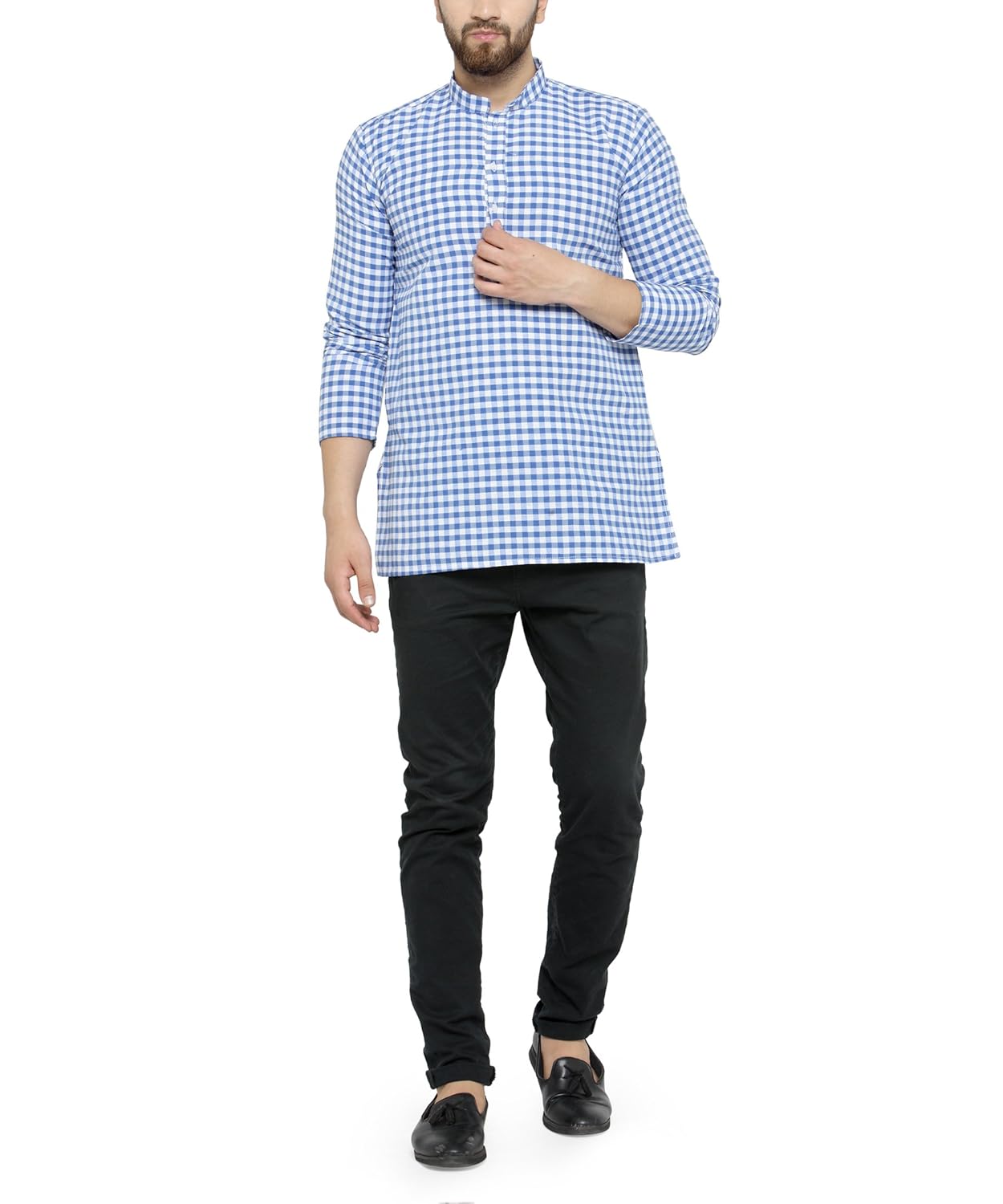 jainish men's cotton check short kurta (sk_210black)