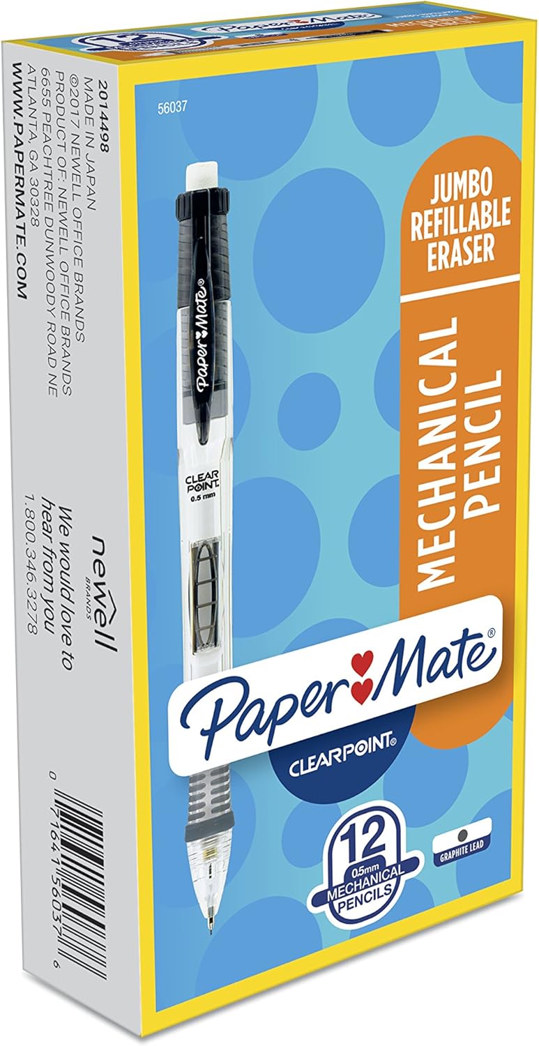 Paper Mate Clearpoint Mechanical Pencils, 0.5mm, HB #2, Black Barrels, Box of 12 : Office Products