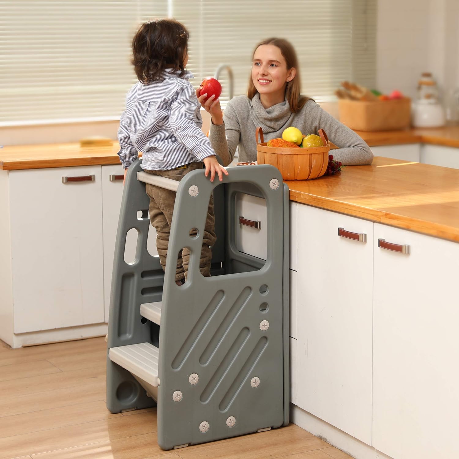 SDADI Childrens Step Stool with Three Adjustable Heights, Grey: Furniture & Decor