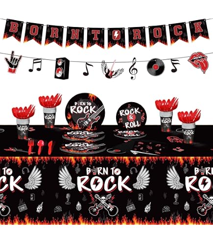 Crenics Rock & Roll Geburtstag Dekorationen Set – Mit Hintergrund (1,8x1,1m), Banner, Ballons, Wirbeln & Pompons