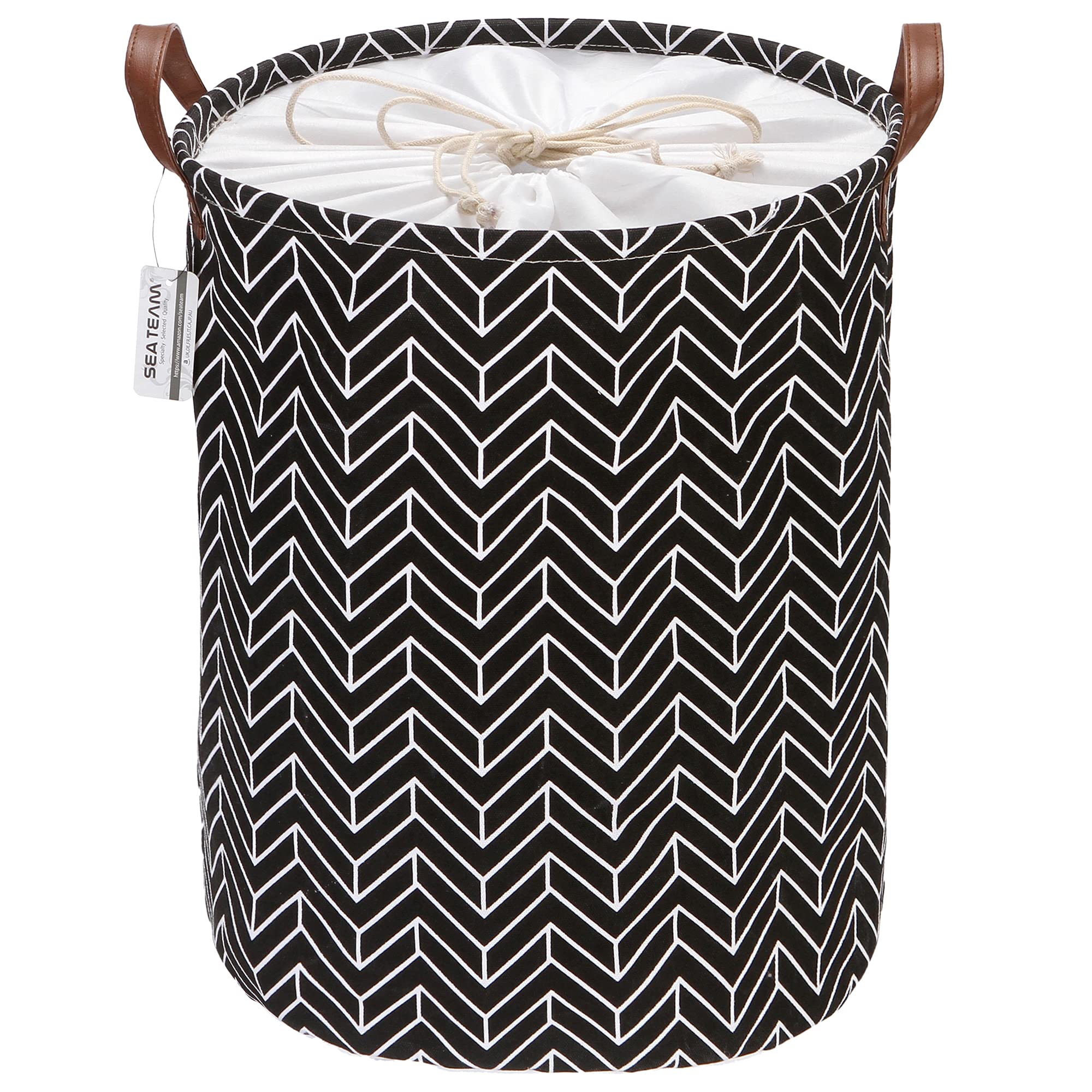 Sea Team Arrow Pattern Laundry Hamper Canvas Fabric Laundry Basket Collapsible Storage Bin with PU Leather Handles and Drawstring Closure, 19.7 by 15.7 inches, Waterproof Inner, Black — image 1