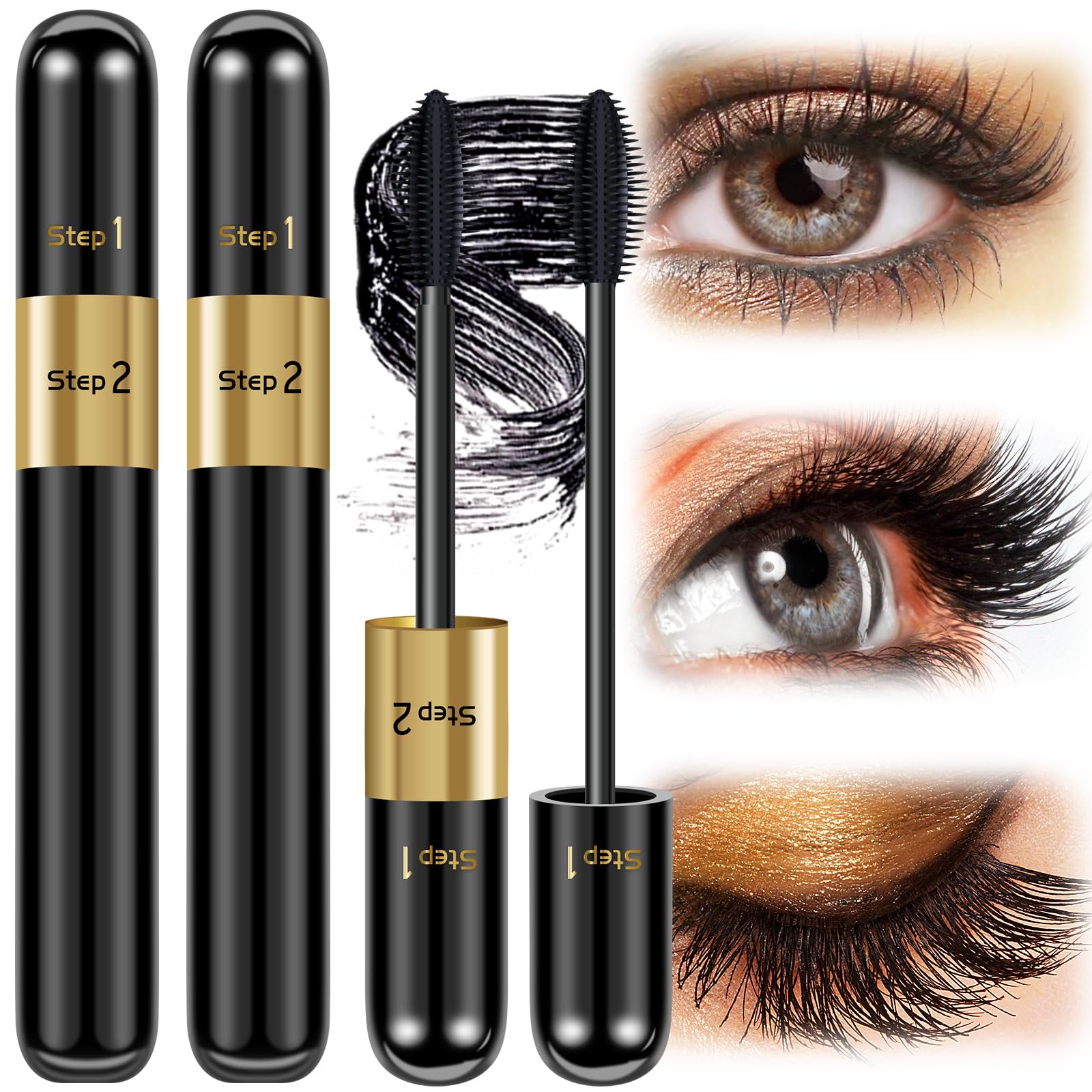 Mascara Black Waterproof, 2 in 1 False Lash Effect Mascara 5x Longer Curling,Smudge Proof Long Lasting 4D Silk Fiber Mas cara for Makeup (Black-2PC)