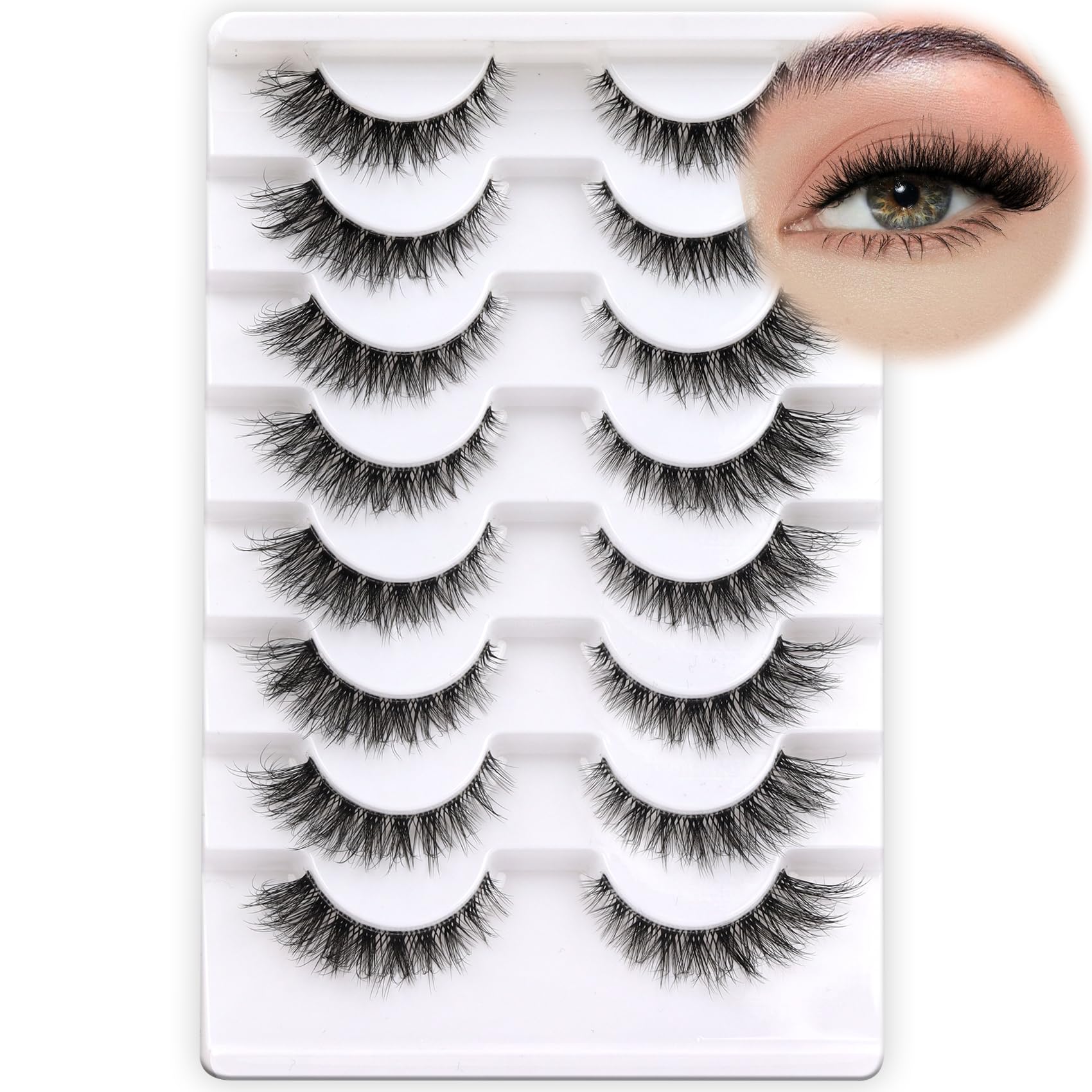 Photo 1 of Fyonas Cat Eye Lashes Wispy False Eyelashes 5-14mm Short Fake Lashes Natural Look D Curl Strip Lashes with Clear Band 8 Pairs Soft Fluffy Lashes Pack (CT01)