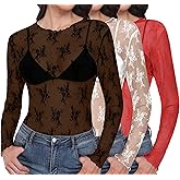 Yincro Womens Lace Tops Long Sleeve Floral Mesh Sheer Shirts Mock Neck See Through Sexy Blouse Top