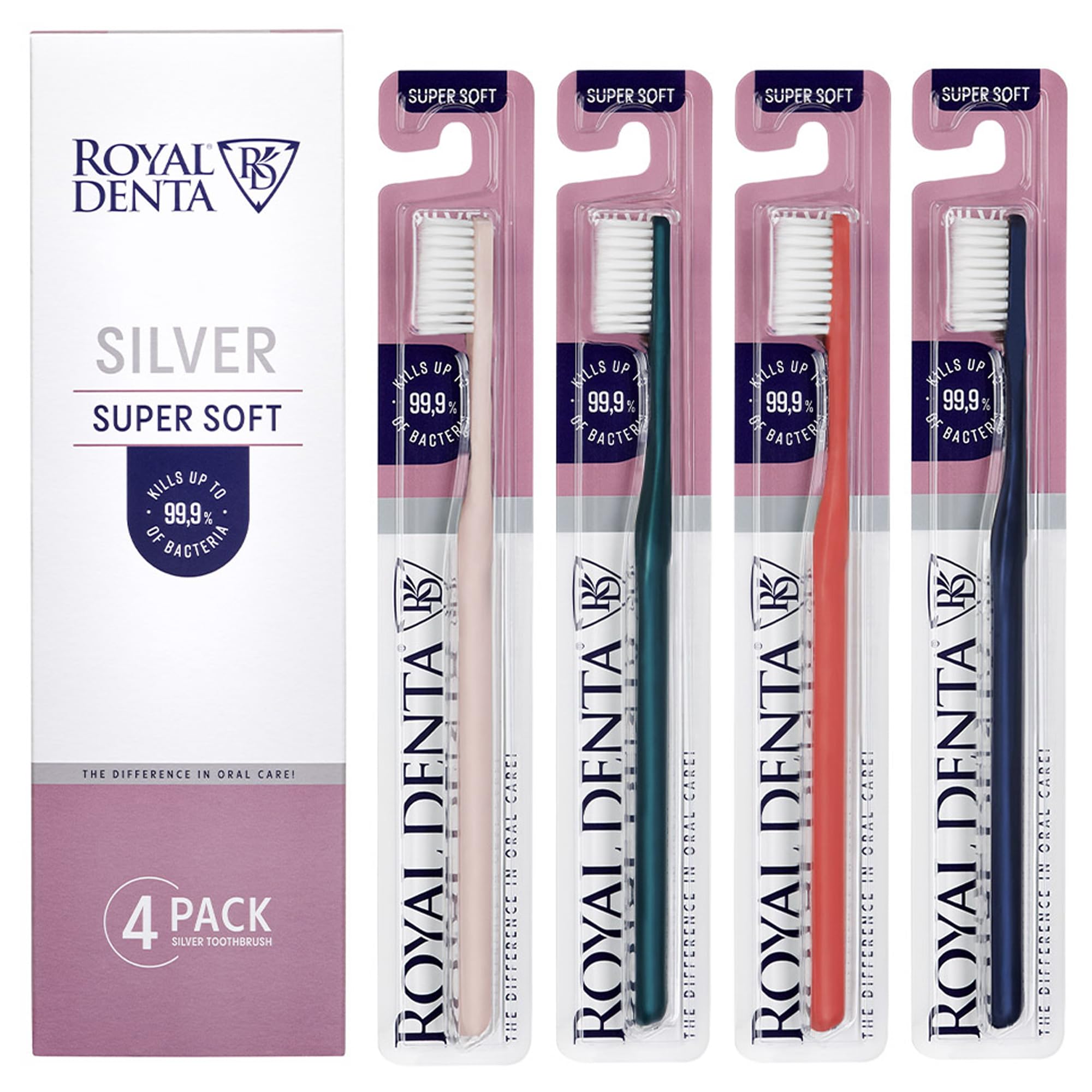 Royal Denta Extra Soft Toothbrush for Adults Multipack, Silver Infused Dual Length Bristles for Sensitive Teeth and Gums, Interdental Cleaning Super Soft Toothbrush Manual, 4 Pack (Multi-Colour)