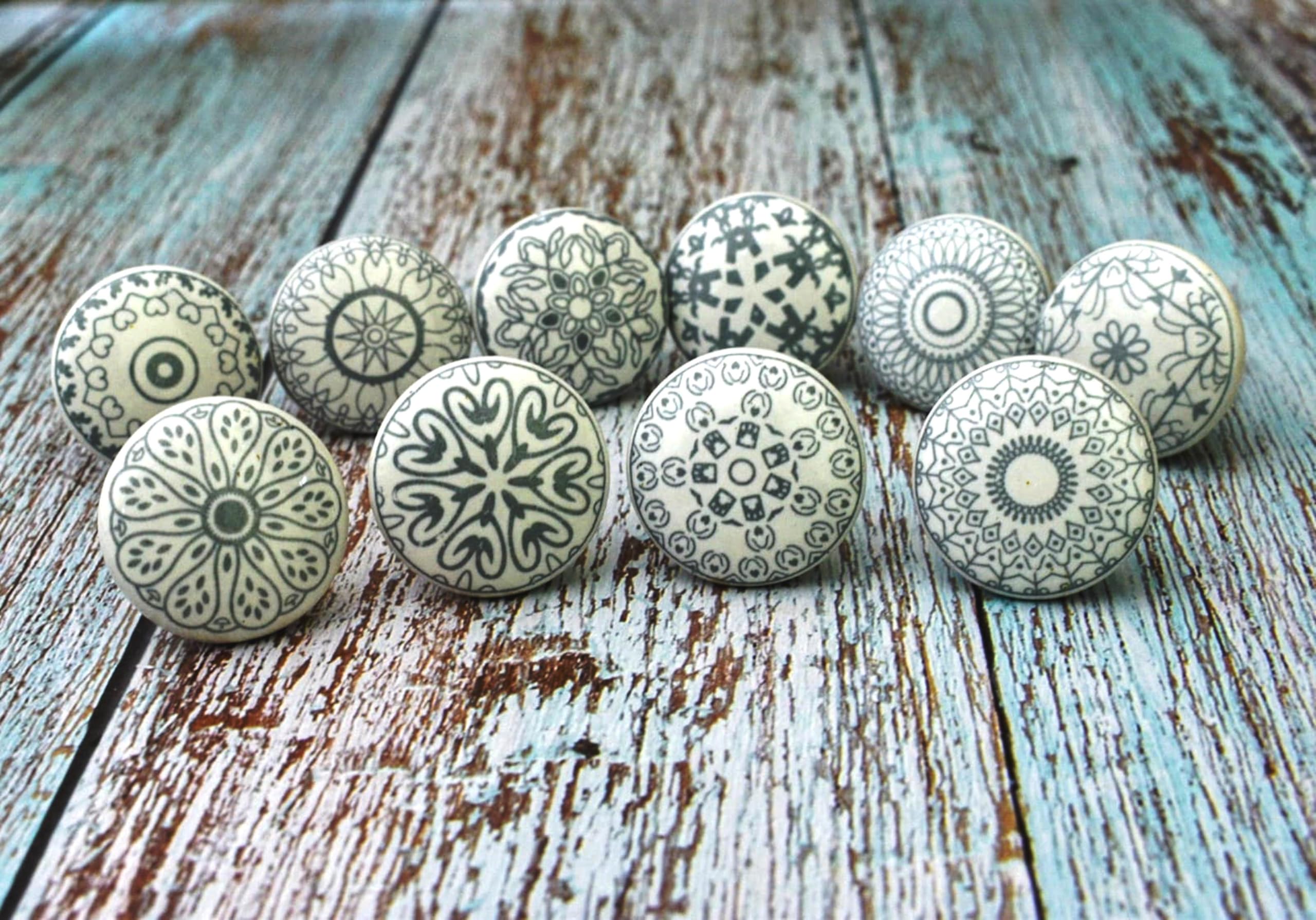 ARTISNO Ceramic Knobs for Cabinets - Set of 10 Grey and White Decorative Mixed Design Round Hand Painted Boho Kitchen Cabinet Drawer Knobs Wardrobe and Dresser Pulls — image 1