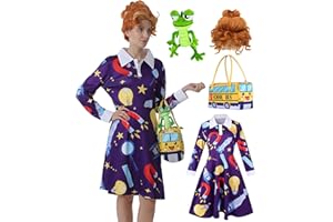 CORESPE 4 Pcs Ms Frizzle Dress Costume Women Teacher Halloween Costume Set with Wig School Bus Bag Plush Toys Accessories Set
