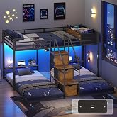 ADORNEVE Triple Bunk Bed Twin Over Twin with Storage Staircase, Black | RGB Light &amp; Charging Station, Heavy Duty Metal 3 Bunk Beds with Drawers &amp; Shelf Headboard, Safety Guardrail, for Kids Bedroom