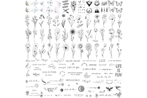 JEEFONNA 100 Sheets Realistic Temporary Tattoos, 240+ Pcs Multicolor Modern Floral & Inspirational Words Tattoos, Waterproof, 3+ Kids